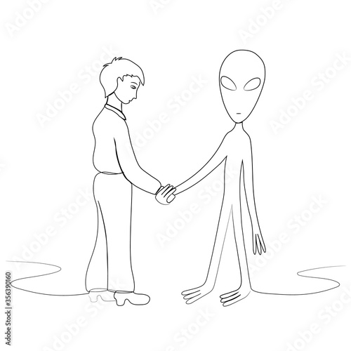 A man and an alien from outer space shake hands. Drawn in one line. Isolated stock vector illustration.