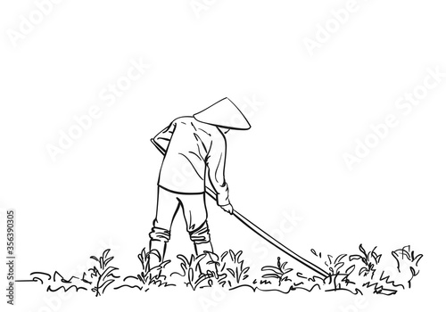 Peasant in vietnamese hat works on field, Hand drawn vector sketch linear illustration