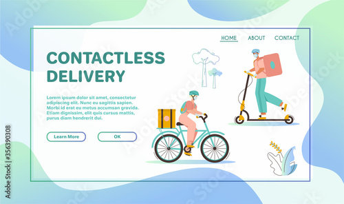 Woman and man couriers with packages on bicycle or kick scooter