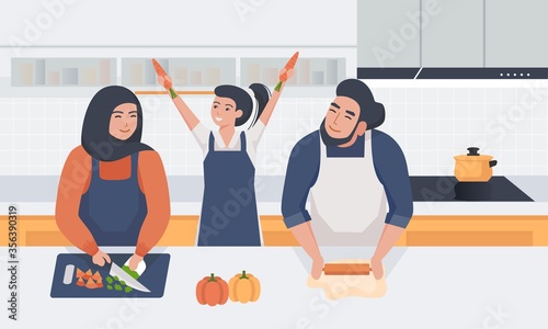 Cute little girl and her parents are smiling while preparing food in the kitchen. Illustration about cook of Muslim families.