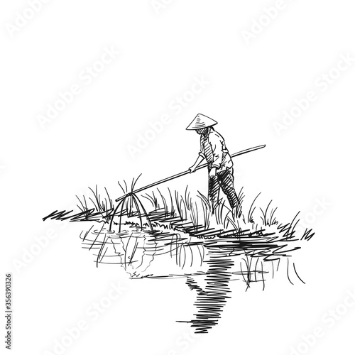 Sketch of woman in vietnamese hat fishing by lifting net on bamboo sticks, Vector hand drawn illustration