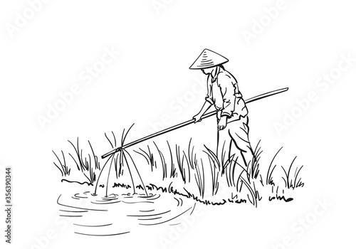 woman in vietnamese hat fishing by lifting net on bamboo sticks, Linear sketch, Vector hand drawn illustration