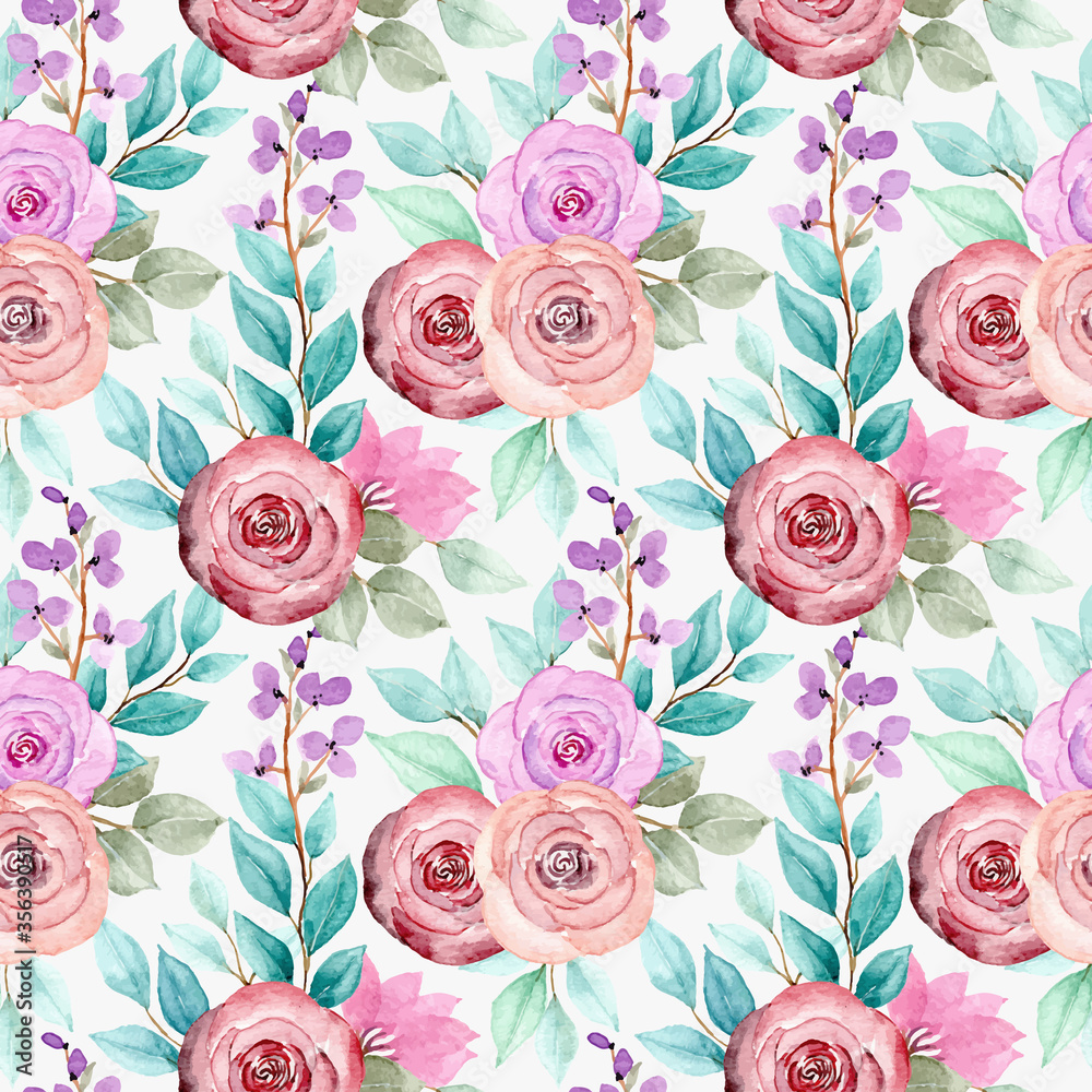 beautiful seamless patterns with flower and green leaves in watercolor style