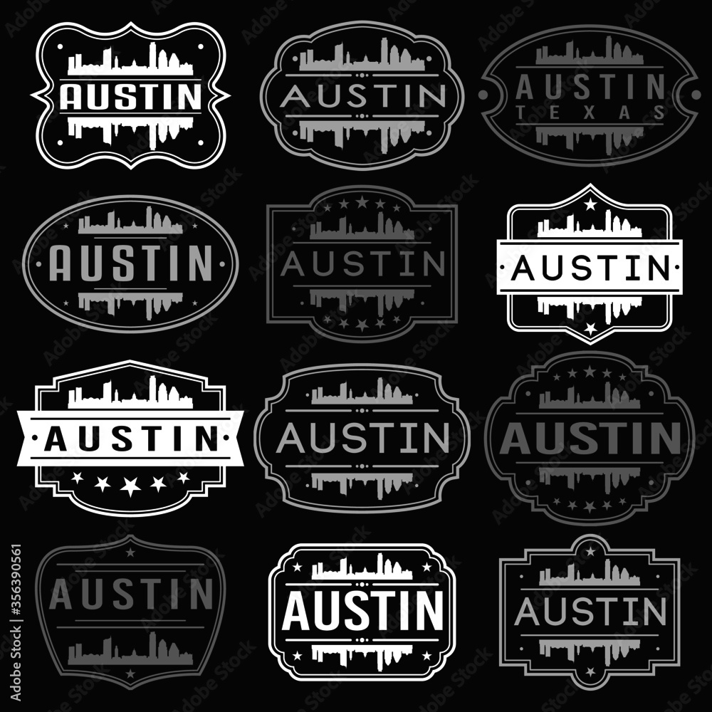 Austin Texas Skyline. Premium Quality Stamp Frames. Grunge Design. Icon Art Vector. Old Style Frames.