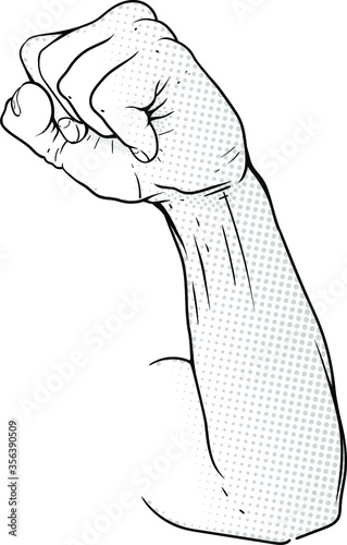 strong male hand in protest symbol clenched fist raised up drawn in retro pop art style