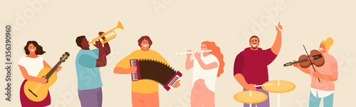 People group playing various musical instruments. Concert and festival vector illustration