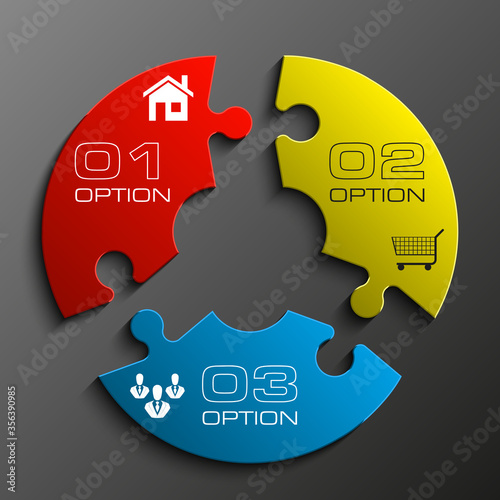 Three sided 3d puzzle presentation infographic template with explanatory text field for business statistics