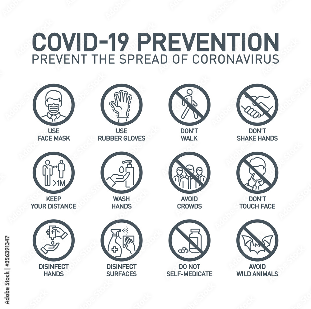 Obraz premium Coronavirus covid19 prevention creative illustration banner. Word lettering typography gray line icons on white background. Thin line infographic style quality design for corona virus covid 19 prevent