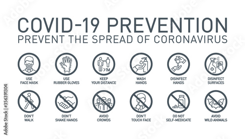 Coronavirus covid19 prevention creative illustration banner. Word lettering typography gray line icons on white background. Thin line infographic style quality design for corona virus covid 19 prevent