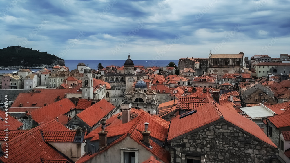 Scenic view on the old city center of Dubrovnik, Croatia, old city background, amazing landscape with adriatic sea catched from the top of old ancient city wall