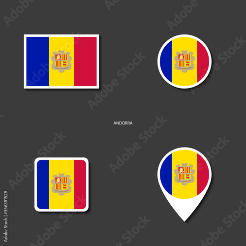 Andorra flag icon set in different shape (rectangle, circle, square and marker icon) on dark grey background. Andorra sticker flag collection on barely dark background.