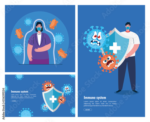 woman and man with masks shields and cartoons design of medical care and covid 19 virus theme Vector illustration