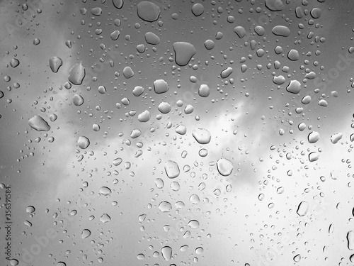 drops of water on the window in black and white.