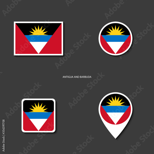 Antigua and Barbuda flag icon set in different shape (rectangle, circle, square and marker icon) on dark grey background. Antigua and Barbuda sticker flag collection on barely dark background.