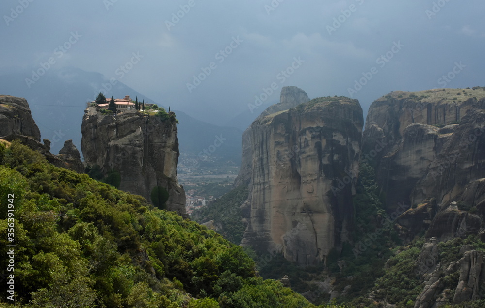 View over the orthodox monasteries of Meteora (Greece) nestled in impressive rock formations
