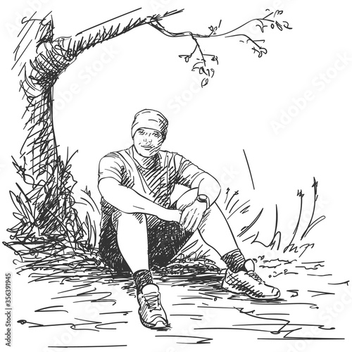 Man in sportswear sits on the ground under a tree. Hand drawn illustration, vector sketch
