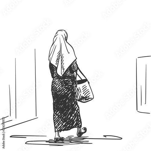 Walking Muslim woman, Back view. Hand drawn illustration, vector sketch
