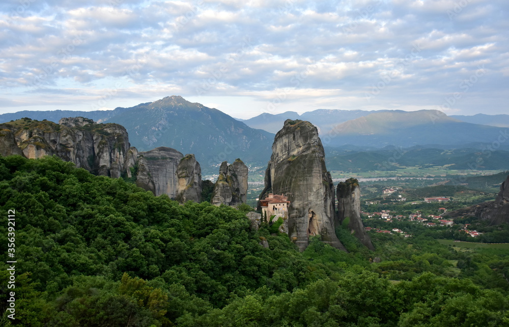 View over the orthodox monasteries of Meteora (Greece) nestled in a stunning mountain landscape 