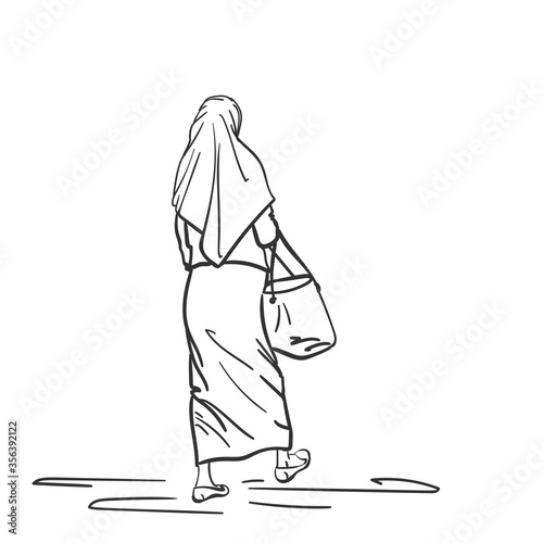 Walking Muslim woman, Back view. Hand drawn linear illustration, vector sketch