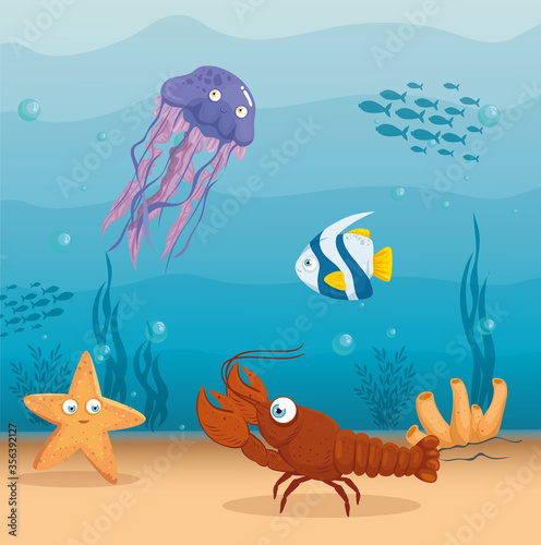 lobster with fish and wild marine animals in ocean, seaworld dwellers, cute underwater creatures,habitat marine concept vector illustration design