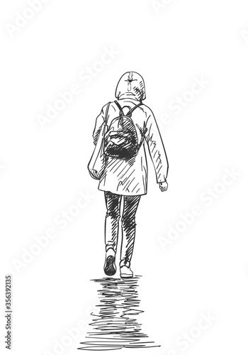 Walking woman in rain jacket with hood and with small backpack, Back view. Hand drawn illustration, vector sketch