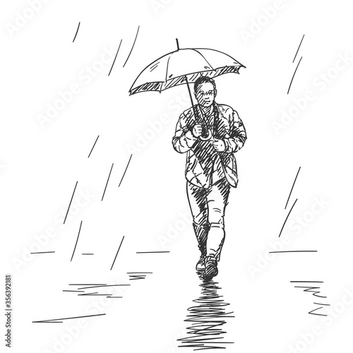 Young man walking in rain under umbrella. Hand drawn illustration, vector sketch