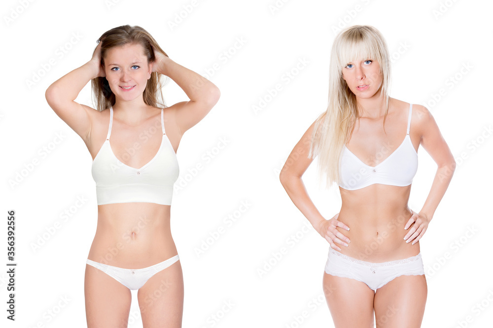 Two attractive blond women wearing white bra and panties Two attractive blond women wearing white bra and panties