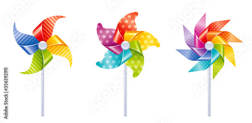Pinwheel toy icon. Wind pin wheel from paper for kids game and fun. Vector color windmill set isolated on white. Summer ventilator toys in red, yellow blue, green with stars, polka dot, stripes decor