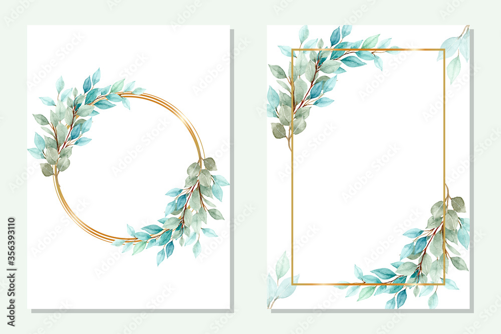 multipurpose golden frame with green leaves in watercolor style