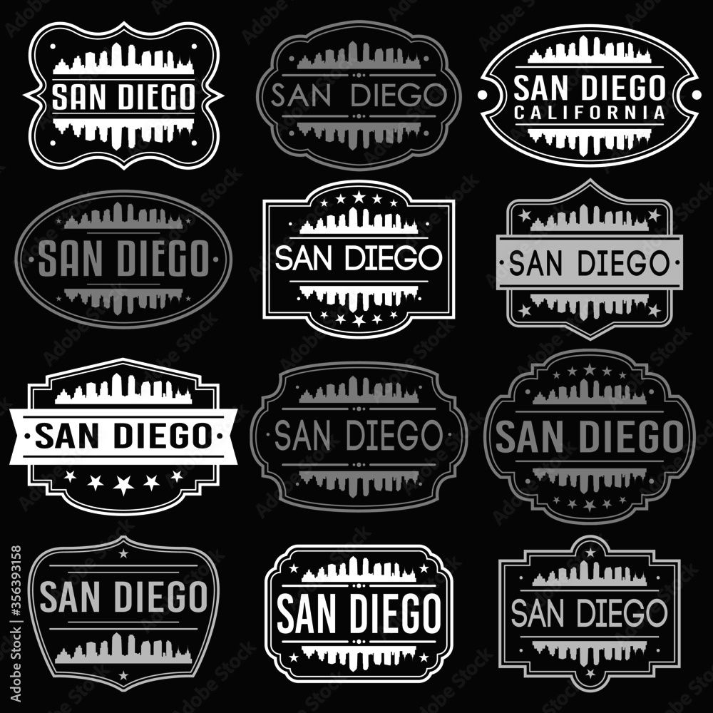 San Diego California Skyline. Premium Quality Stamp Frames. Grunge Design. Icon Art Vector. Old Style Frames.
