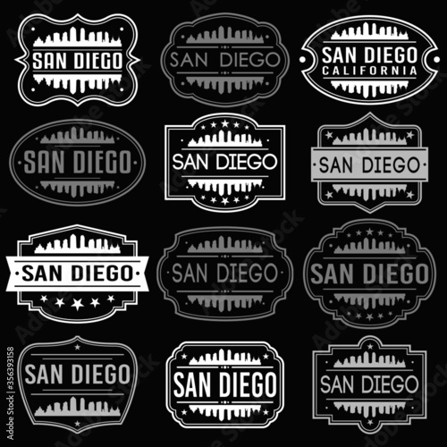 San Diego California Skyline. Premium Quality Stamp Frames. Grunge Design. Icon Art Vector. Old Style Frames. © josepperianes