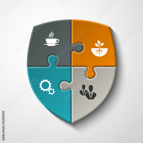 Puzzle shield presentation infographic template with explanatory text field for business statistics. illustration