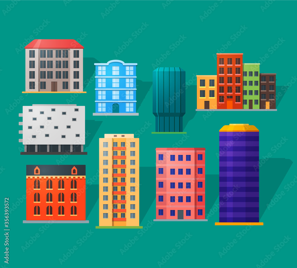 Apartment houses icons set in detailed flat style. Modern and old apartments. For city building.