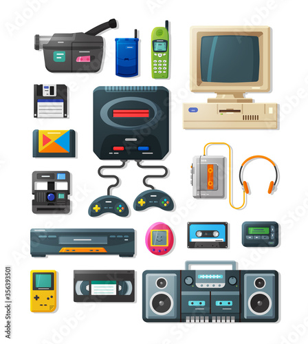 Detailed flat icons with gadgets of 90s. Retro icons with game console, gamepad, videocamera, pager, audio player and other electronics.