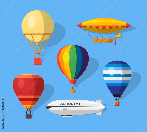 Illustration with different aerostats flat icons. Modern and old.