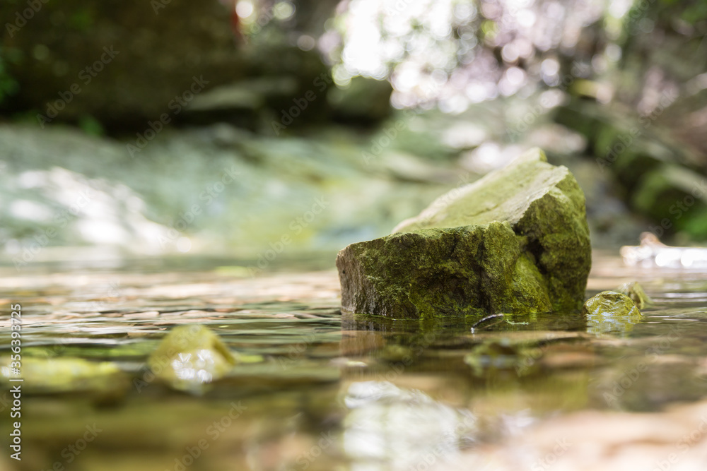 Spirituality and nature concept: Small stone in the fresh and clean water of a mountain creek Spirituality and nature concept: Small stone in the fresh and clean water of a mountain creek