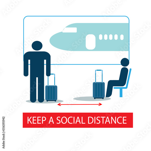 Keep a social distance at the airport. Passengers with Luggage are kept at a safe distance. Sticker. Icon. Vector flat illustration