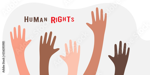 Vector illustration with hands raised up. Protesting people