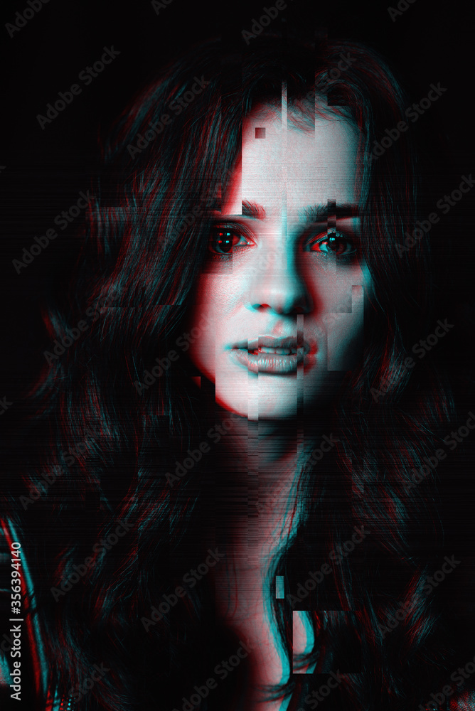 black and white portrait of a beautiful girl with 3D glitch effect