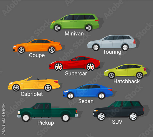 Different car types icons set in detailed flat style. Sedan and minivan, hatchback and coupe. Car sale concept.
