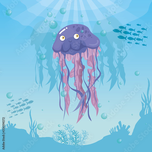 jellyfish animal marine in ocean, with ornamental fishes, sea world dwellers, cute underwater creatures,habitat marine vector illustration design