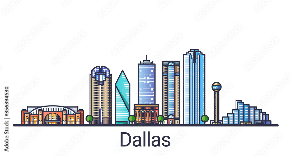 Banner of Dallas city in flat line trendy style. Dallas city line art. All buildings separated and customizable.
