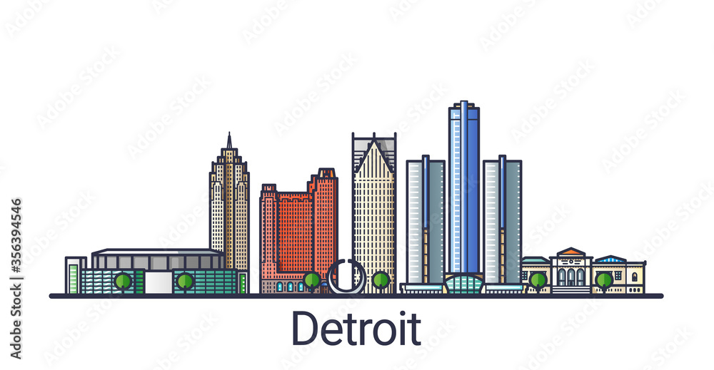 Banner of Detroit city in flat line trendy style. Detroit city line art. All buildings separated and customizable.