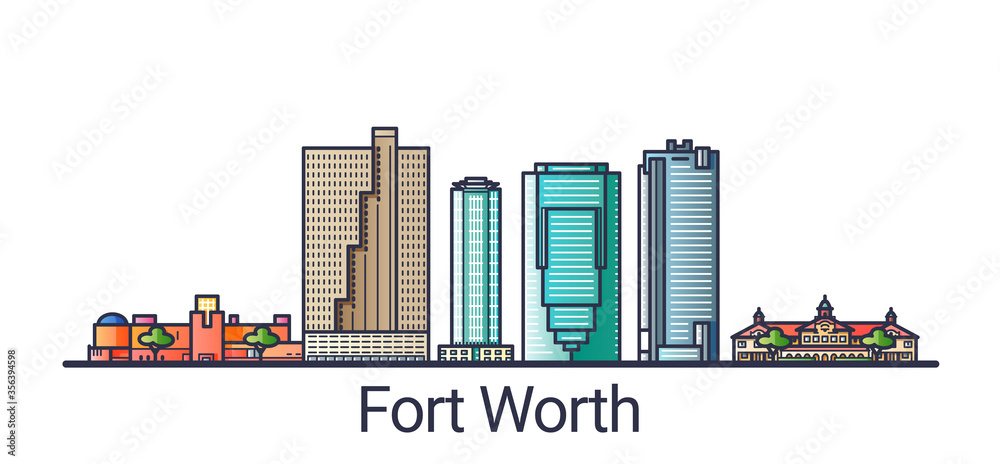 Banner of Fort Worth city in flat line trendy style. Fort Worth city line art. All buildings separated and customizable.