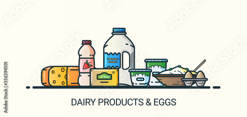 Banner of dairy products in flat line trendy style. All objects separated and customizible. Line art. Milk and yogurt, butter and sour cream, cheese and eggs.