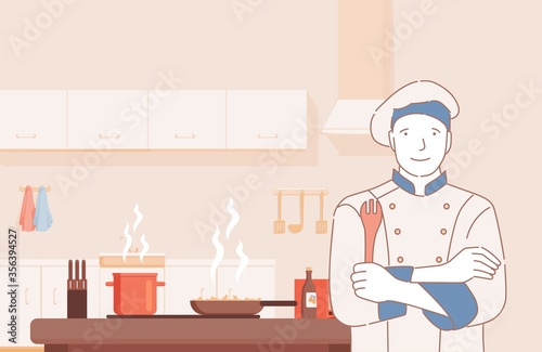 Smiling chef standing at home or restaurant kitchen with cooking spatula vector cartoon illustration.