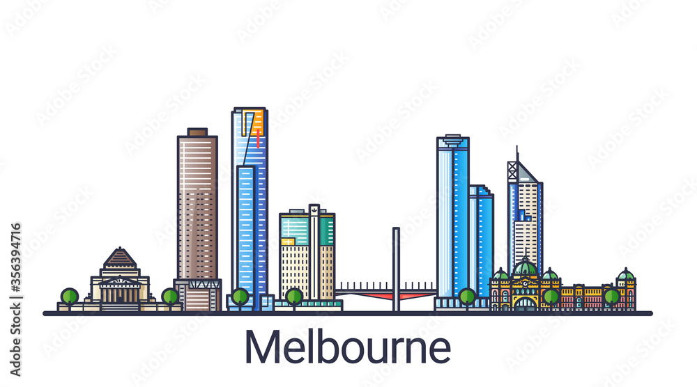 Banner of Melbourne city in flat line trendy style. Melbourne city line art. All buildings separated and customizable.