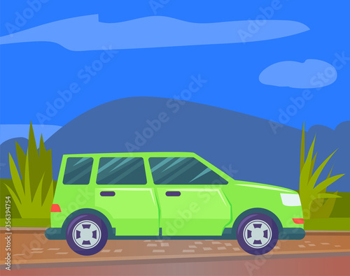 Car driving on road vector  flat style hotrod type of transport. Transportation on nature mountains  automobile riding on street with bushes vehicle illustration in flat style design for web  print