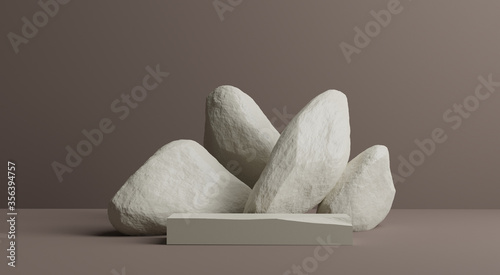 cosmetic rectangle stand and rock  on pastel background,3d rendering presentation