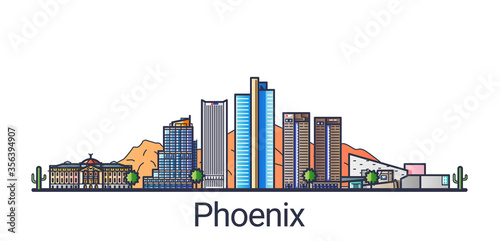 Banner of Phoenix city in flat line trendy style. Phoenix city line art. All buildings separated and customizable.